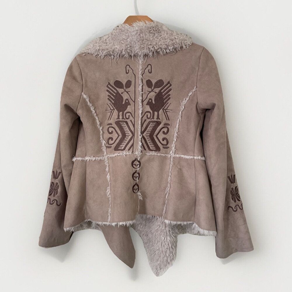 Johnny Was Biya Coat Womens XS Faux Fur Embroidered Open Front Jacket Boho *READ